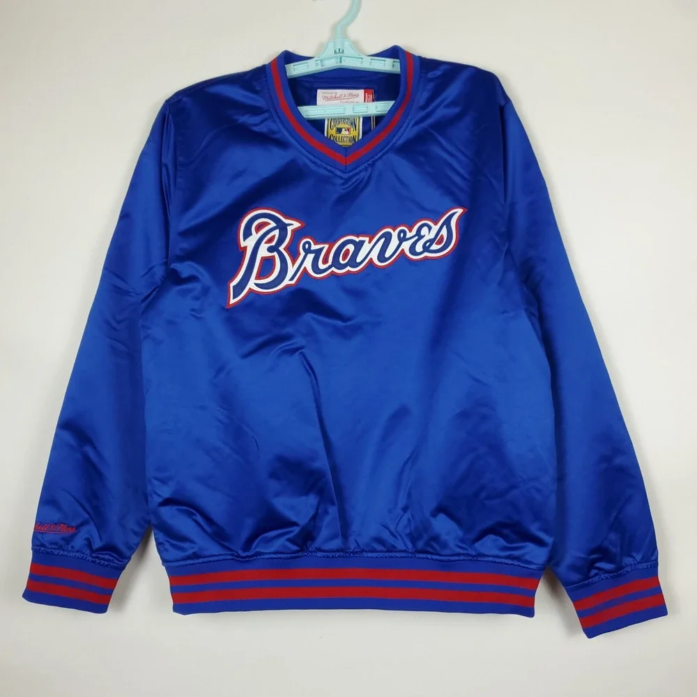 Atlanta Braves Mitchell & Ness MLB M Medium‎ Pullover Satin Jacket Blue Red NWT